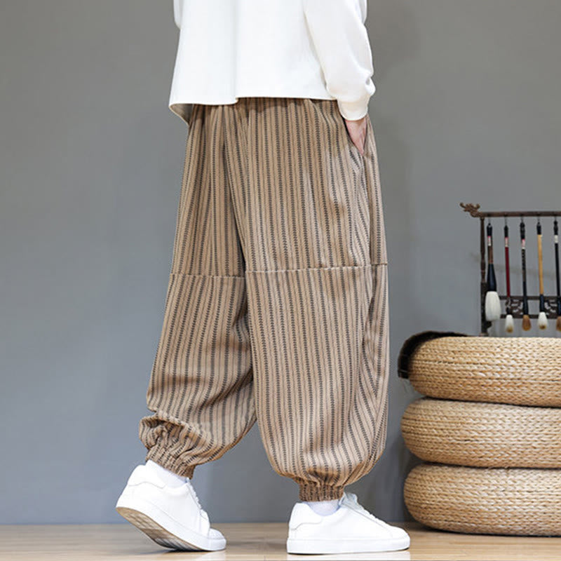 Fall Striped Pattern Drawstring Men's Harem Corduroy Pants With Pockets
