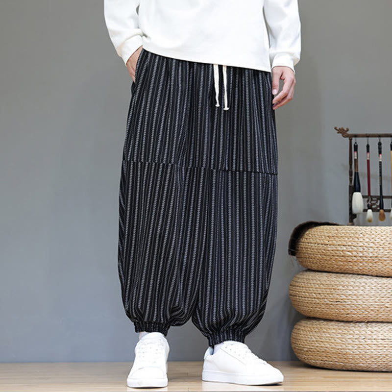 Fall Striped Pattern Drawstring Men's Harem Corduroy Pants With Pockets