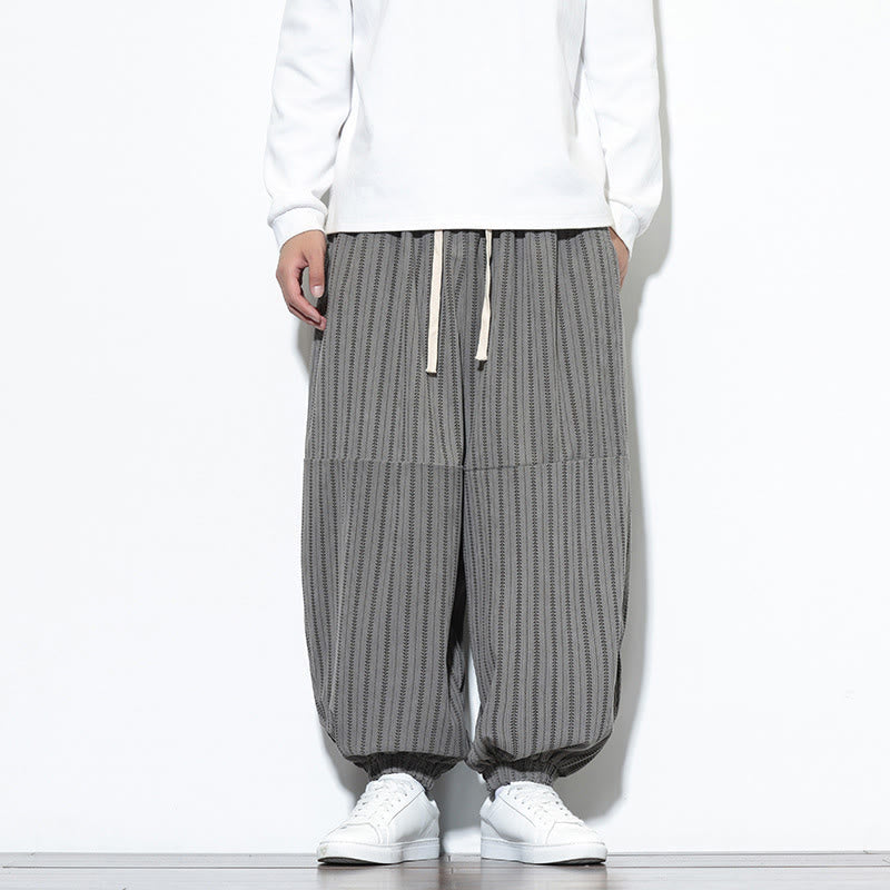 Fall Striped Pattern Drawstring Men's Harem Corduroy Pants With Pockets
