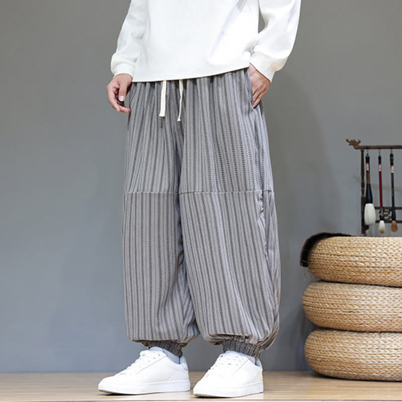 Fall Striped Pattern Drawstring Men's Harem Corduroy Pants With Pockets