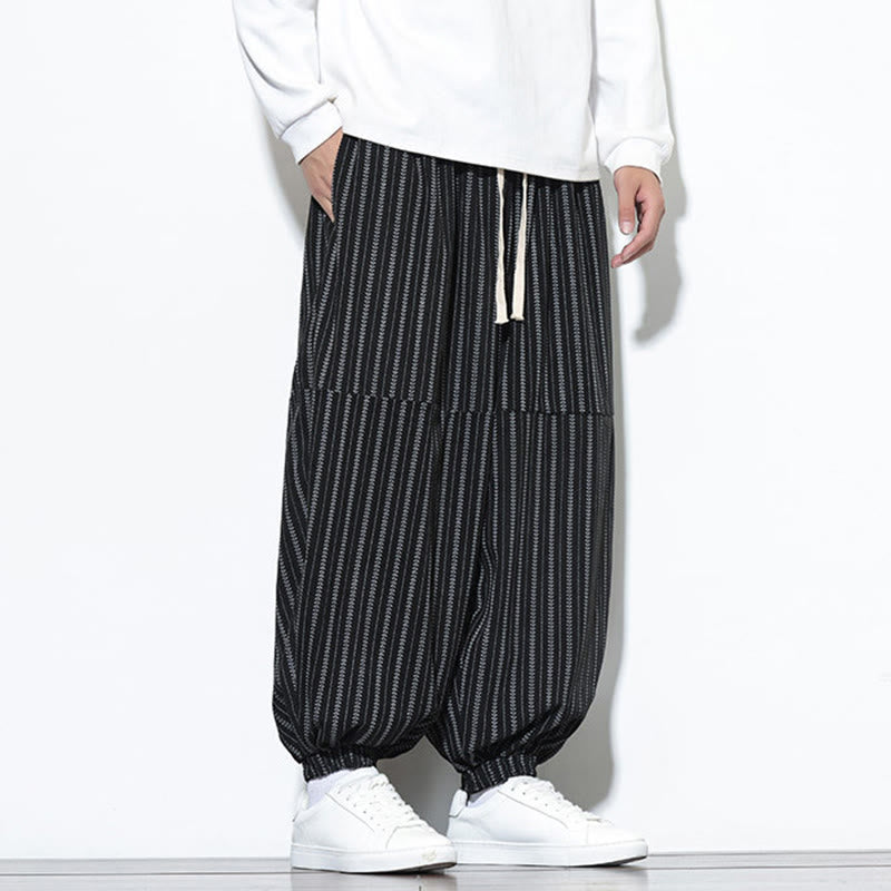 Fall Striped Pattern Drawstring Men's Harem Corduroy Pants With Pockets
