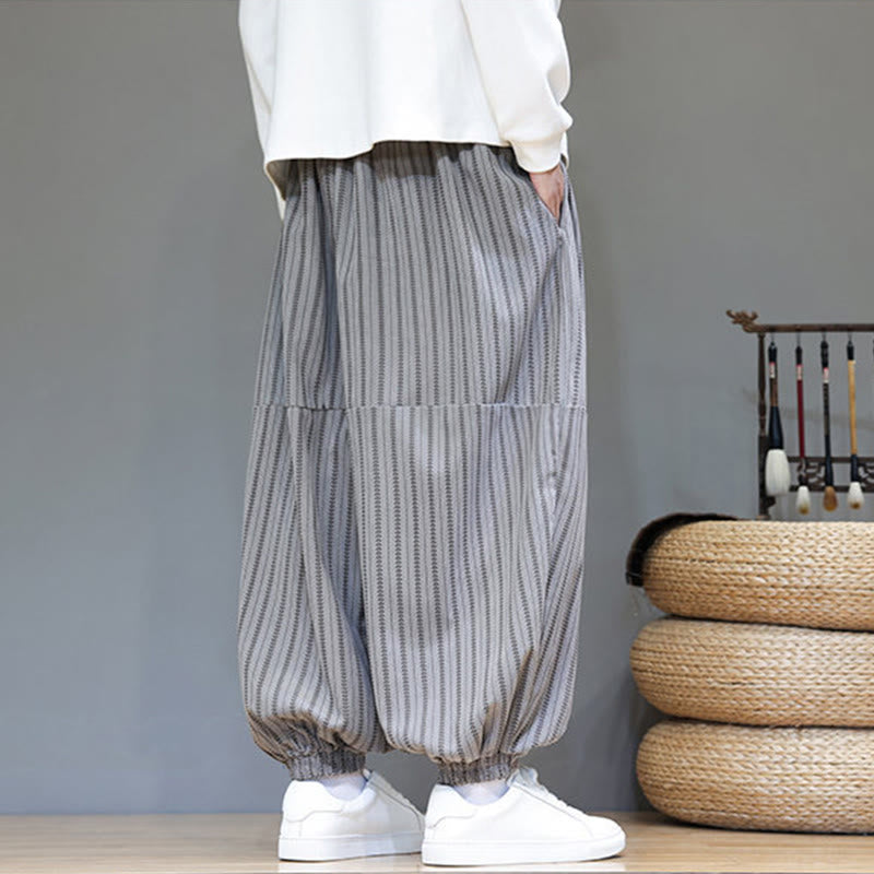 Fall Striped Pattern Drawstring Men's Harem Corduroy Pants With Pockets