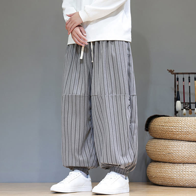 Fall Striped Pattern Drawstring Men's Harem Corduroy Pants With Pockets