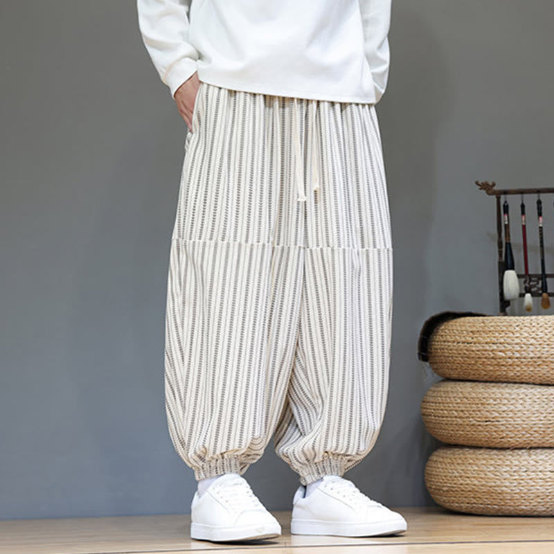 Fall Striped Pattern Drawstring Men's Harem Corduroy Pants With Pockets