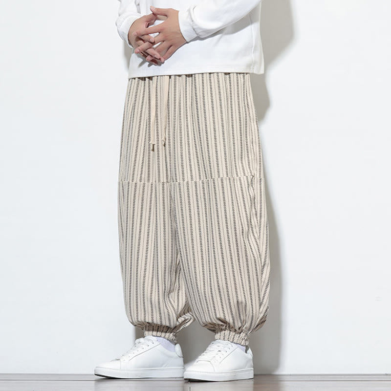 Fall Striped Pattern Drawstring Men's Harem Corduroy Pants With Pockets