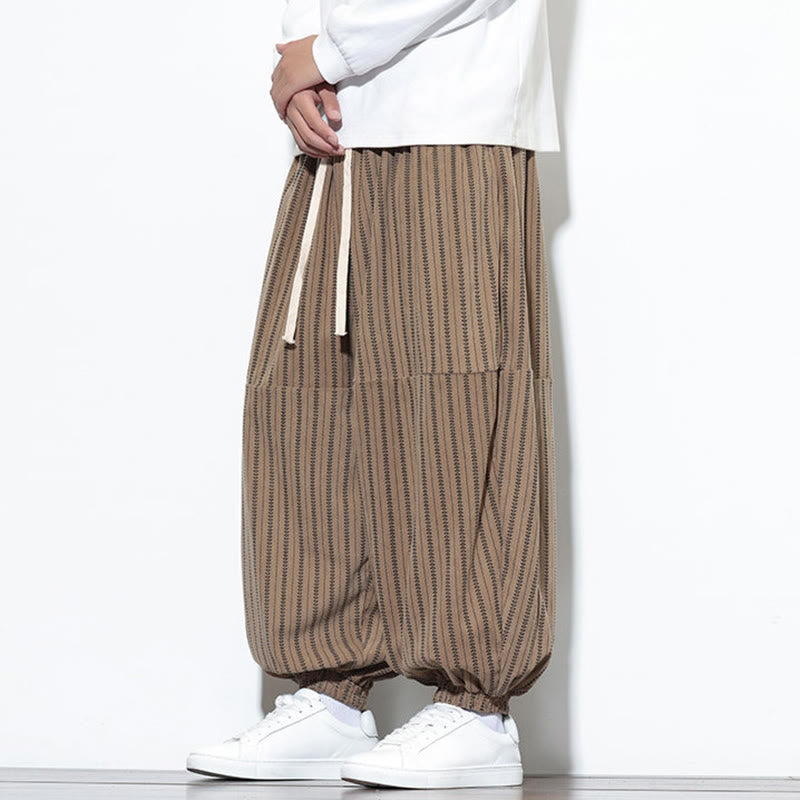 Fall Striped Pattern Drawstring Men's Harem Corduroy Pants With Pockets