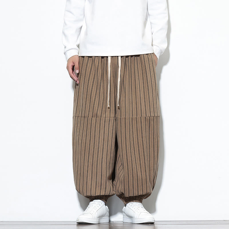 Fall Striped Pattern Drawstring Men's Harem Corduroy Pants With Pockets