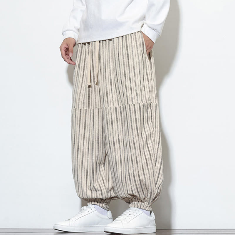 Fall Striped Pattern Drawstring Men's Harem Corduroy Pants With Pockets
