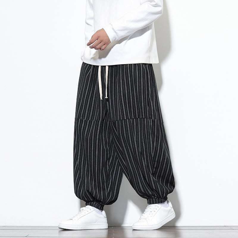Fall Striped Pattern Drawstring Men's Harem Corduroy Pants With Pockets