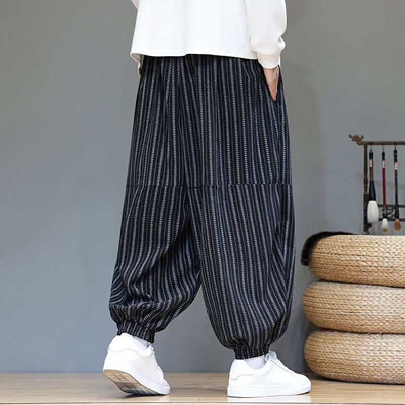 Fall Striped Pattern Drawstring Men's Harem Corduroy Pants With Pockets