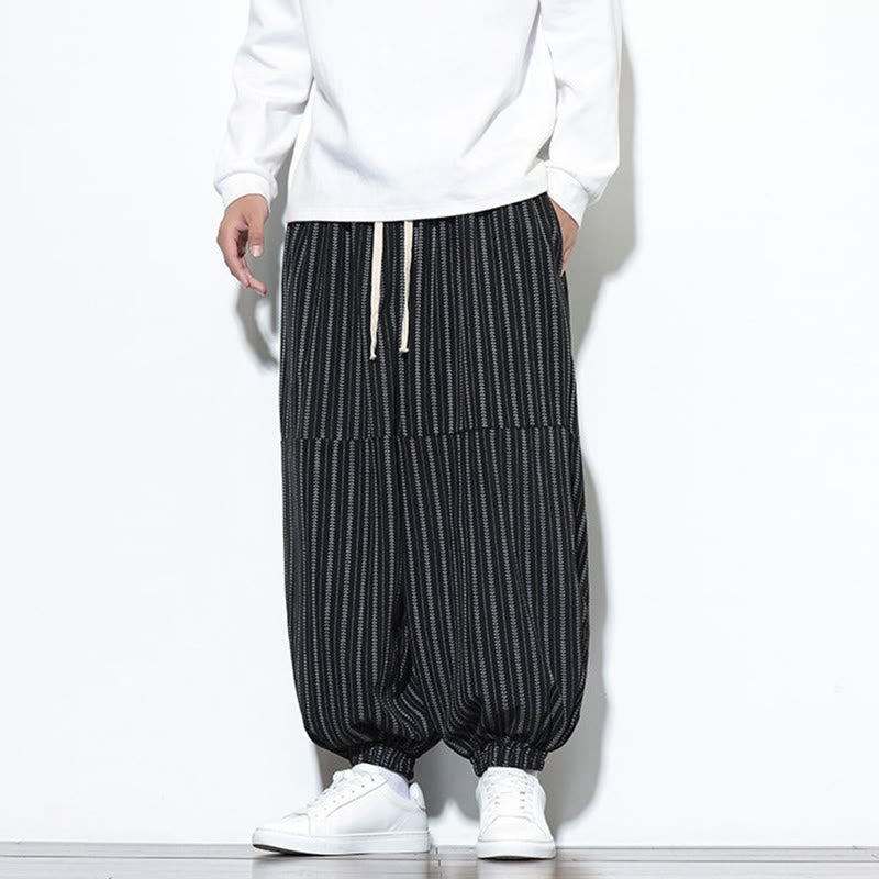 Fall Striped Pattern Drawstring Men's Harem Corduroy Pants With Pockets