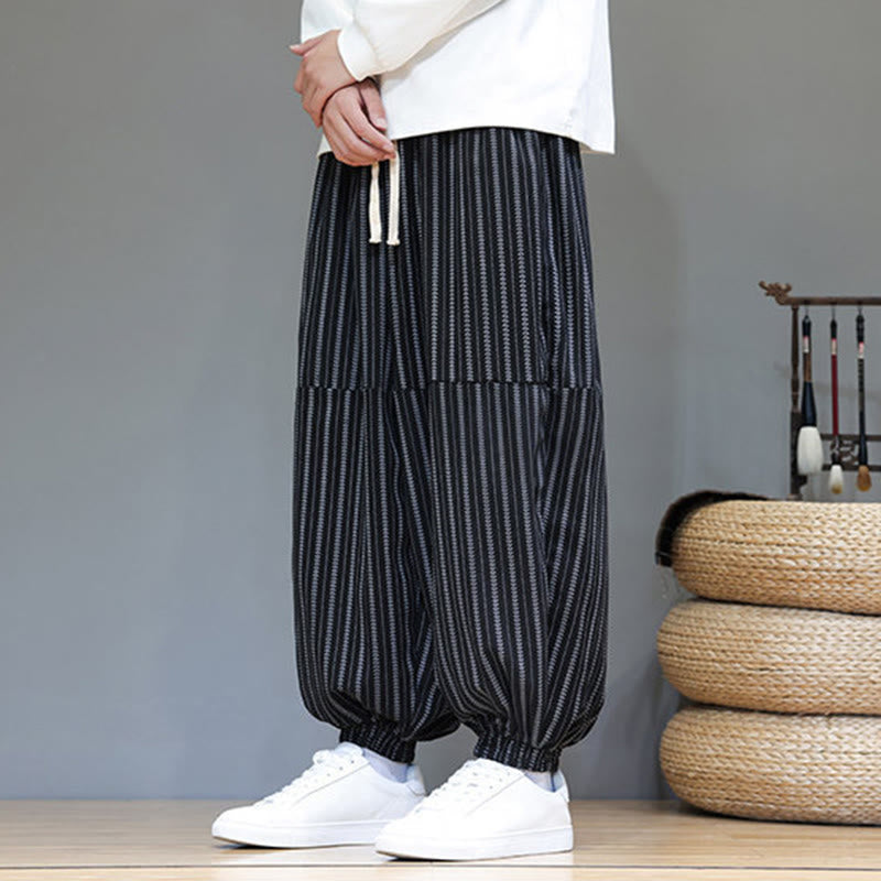 Fall Striped Pattern Drawstring Men's Harem Corduroy Pants With Pockets