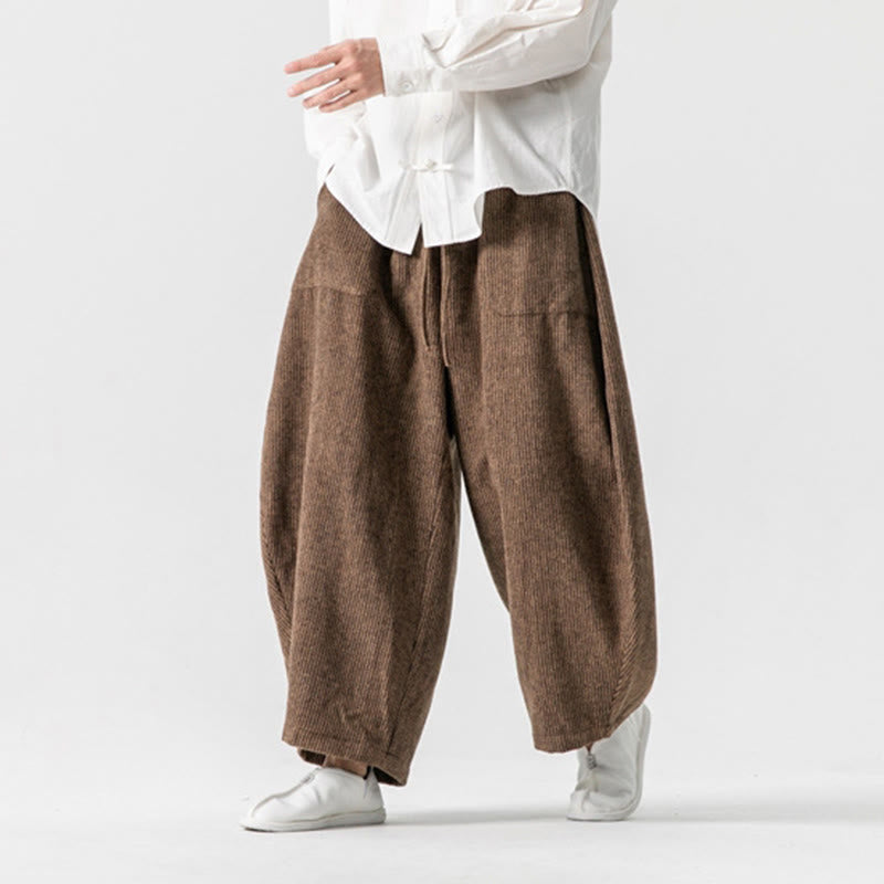 Daily Solid Color Drawstring Design Men's Wide Leg Cotton Pants With Pockets