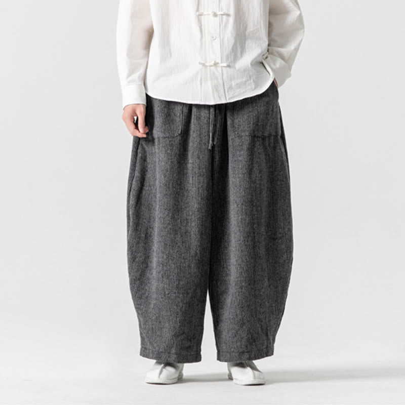 Daily Solid Color Drawstring Design Men's Wide Leg Cotton Pants With Pockets