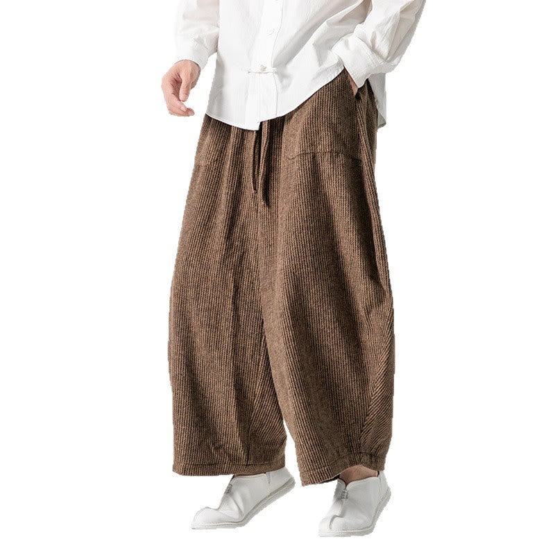 Daily Solid Color Drawstring Design Men's Wide Leg Cotton Pants With Pockets
