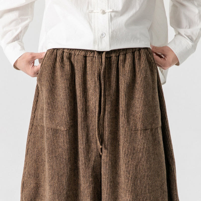 Daily Solid Color Drawstring Design Men's Wide Leg Cotton Pants With Pockets