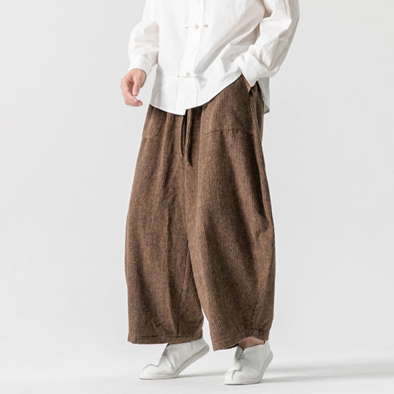 Daily Solid Color Drawstring Design Men's Wide Leg Cotton Pants With Pockets