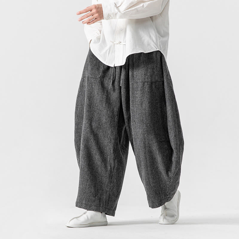 Daily Solid Color Drawstring Design Men's Wide Leg Cotton Pants With Pockets