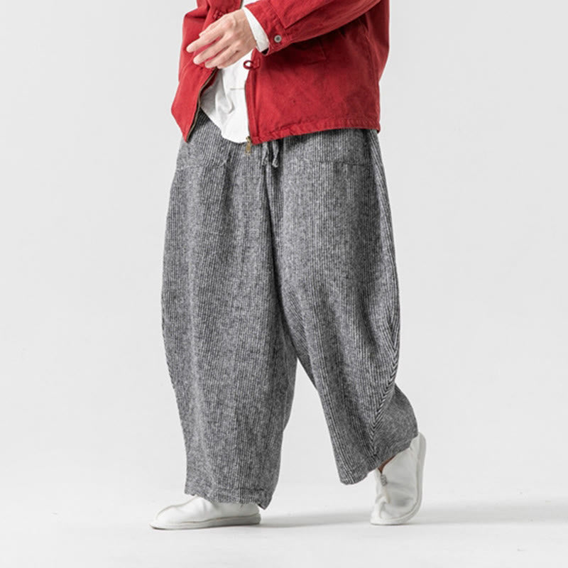 Daily Solid Color Drawstring Design Men's Wide Leg Cotton Pants With Pockets