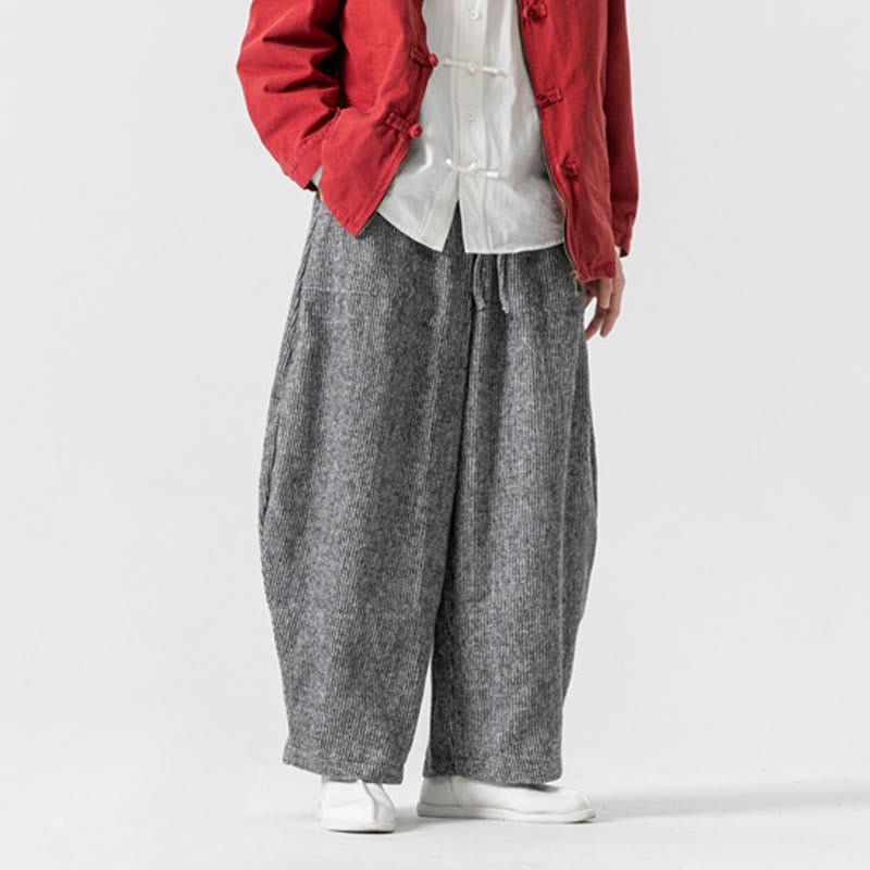 Daily Solid Color Drawstring Design Men's Wide Leg Cotton Pants With Pockets