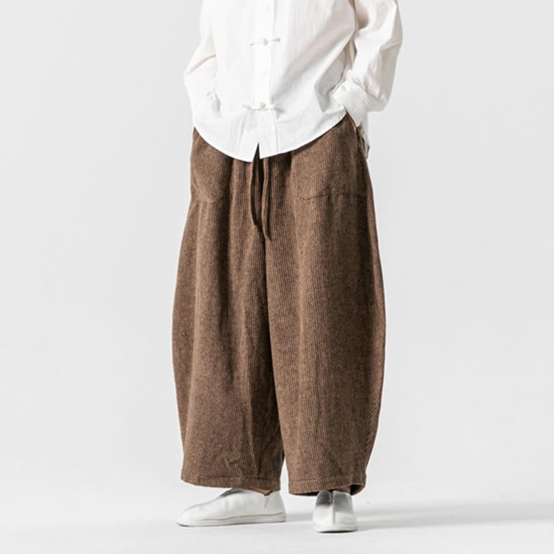 Daily Solid Color Drawstring Design Men's Wide Leg Cotton Pants With Pockets