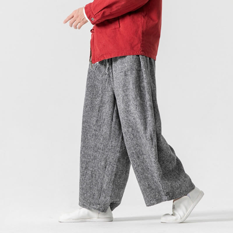 Daily Solid Color Drawstring Design Men's Wide Leg Cotton Pants With Pockets