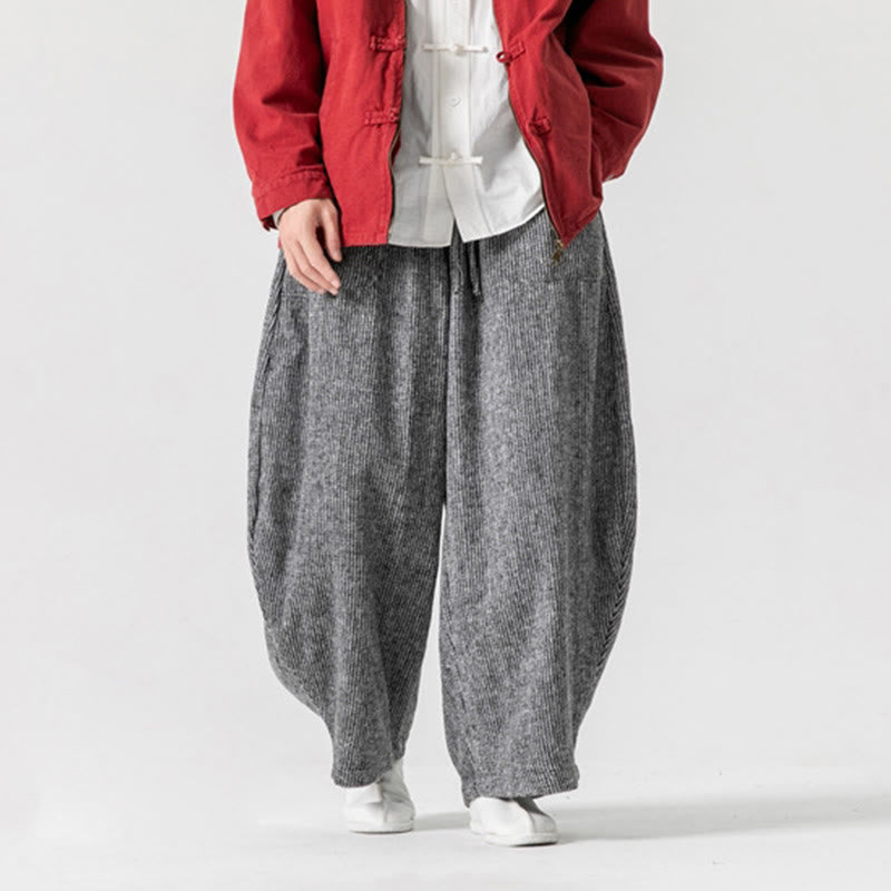 Daily Solid Color Drawstring Design Men's Wide Leg Cotton Pants With Pockets