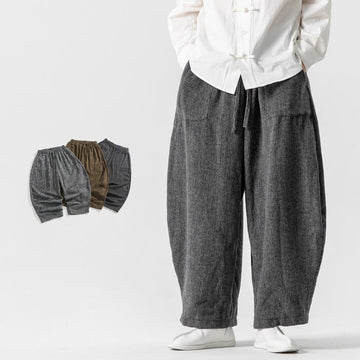 Daily Solid Color Drawstring Design Men's Wide Leg Cotton Pants With Pockets