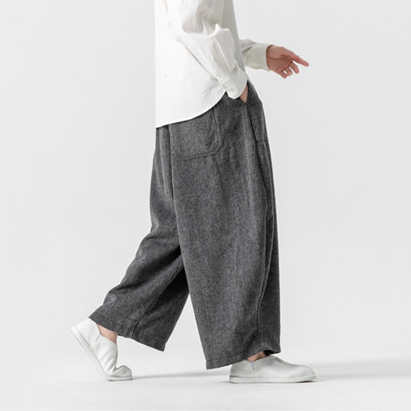 Daily Solid Color Drawstring Design Men's Wide Leg Cotton Pants With Pockets