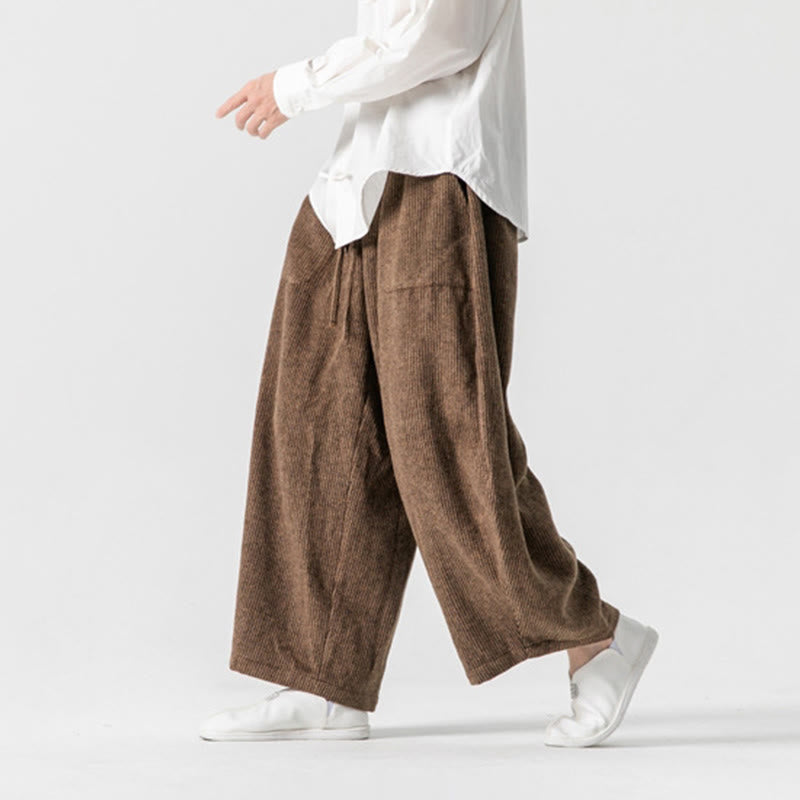Daily Solid Color Drawstring Design Men's Wide Leg Cotton Pants With Pockets