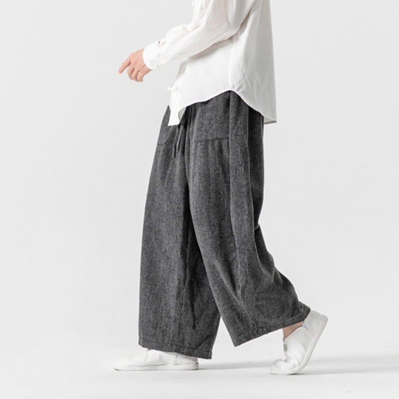 Daily Solid Color Drawstring Design Men's Wide Leg Cotton Pants With Pockets