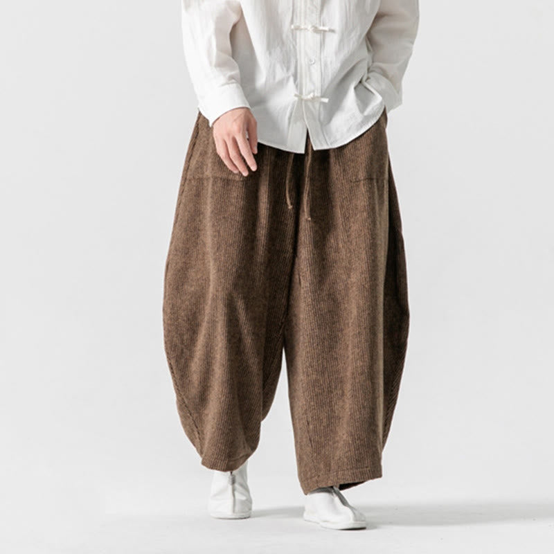Daily Solid Color Drawstring Design Men's Wide Leg Cotton Pants With Pockets