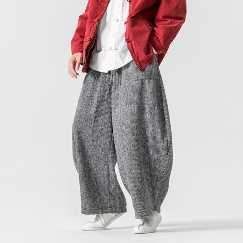 Daily Solid Color Drawstring Design Men's Wide Leg Cotton Pants With Pockets
