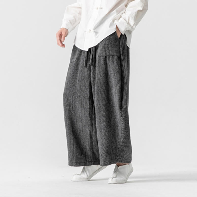 Daily Solid Color Drawstring Design Men's Wide Leg Cotton Pants With Pockets