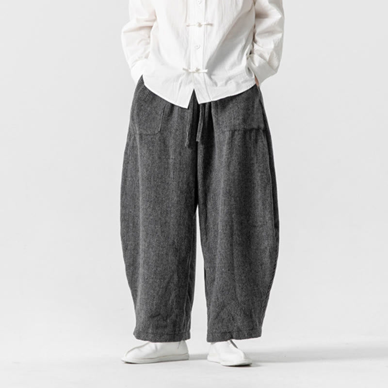 Daily Solid Color Drawstring Design Men's Wide Leg Cotton Pants With Pockets