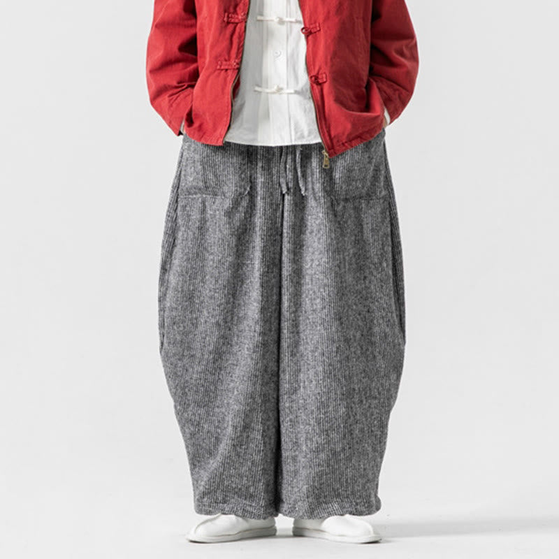 Daily Solid Color Drawstring Design Men's Wide Leg Cotton Pants With Pockets