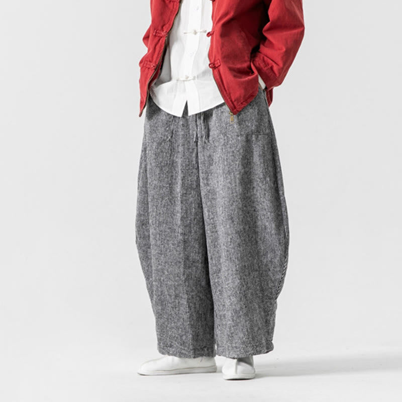 Daily Solid Color Drawstring Design Men's Wide Leg Cotton Pants With Pockets