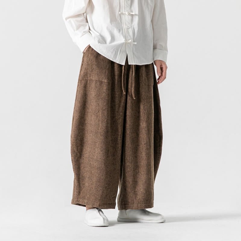 Daily Solid Color Drawstring Design Men's Wide Leg Cotton Pants With Pockets