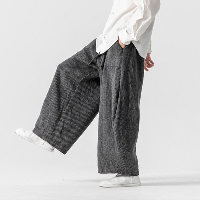 Daily Solid Color Drawstring Design Men's Wide Leg Cotton Pants With Pockets