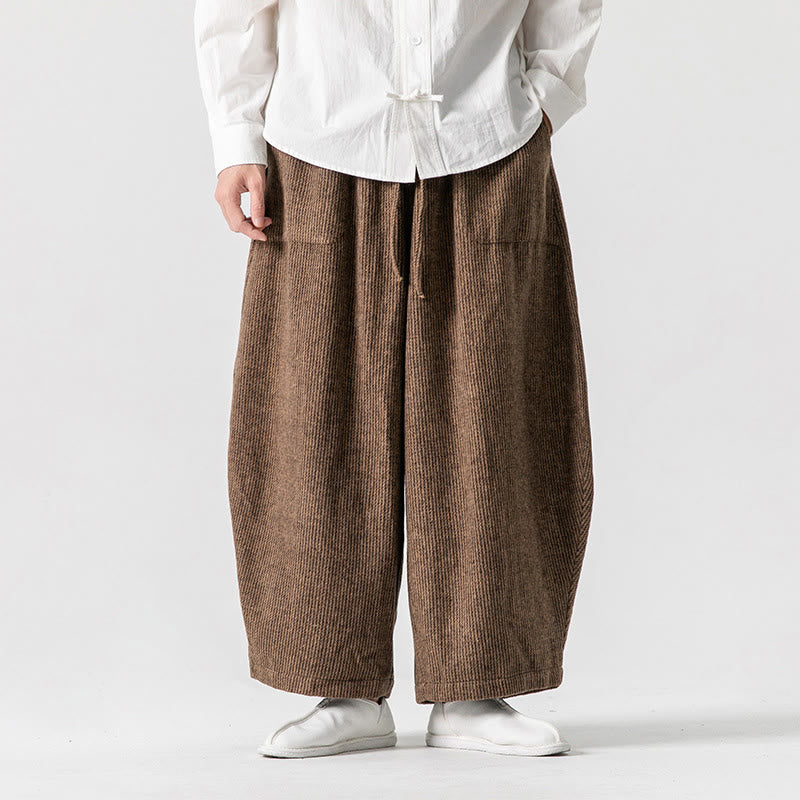 Daily Solid Color Drawstring Design Men's Wide Leg Cotton Pants With Pockets
