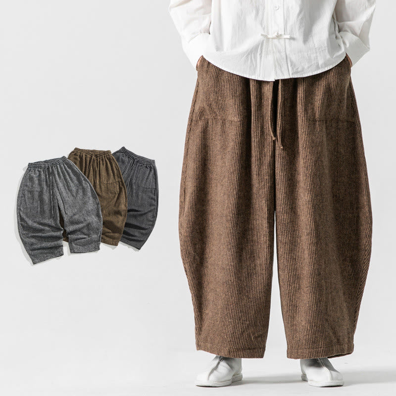 Daily Solid Color Drawstring Design Men's Wide Leg Cotton Pants With Pockets