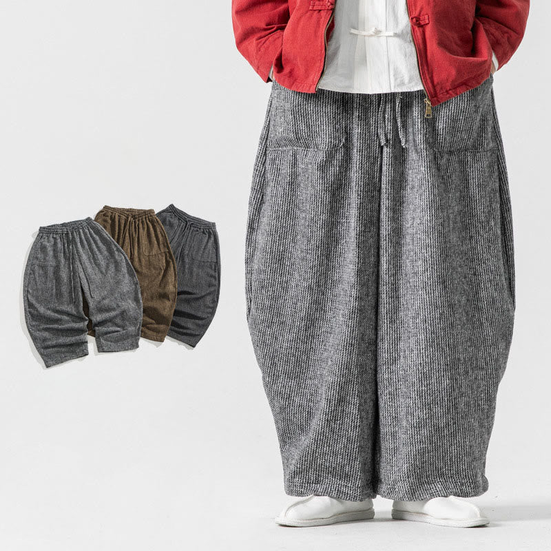 Daily Solid Color Drawstring Design Men's Wide Leg Cotton Pants With Pockets