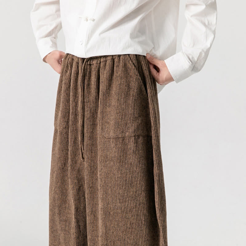 Daily Solid Color Drawstring Design Men's Wide Leg Cotton Pants With Pockets