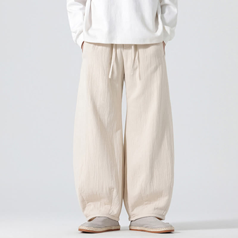 Daily Drawstring Chinese Zen Style Men's Wide Leg Pure Cotton Pants With Pockets