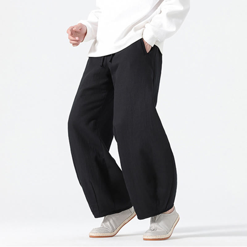 Daily Drawstring Chinese Zen Style Men's Wide Leg Pure Cotton Pants With Pockets