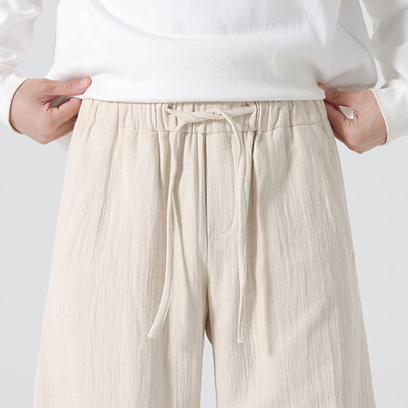 Daily Drawstring Chinese Zen Style Men's Wide Leg Pure Cotton Pants With Pockets