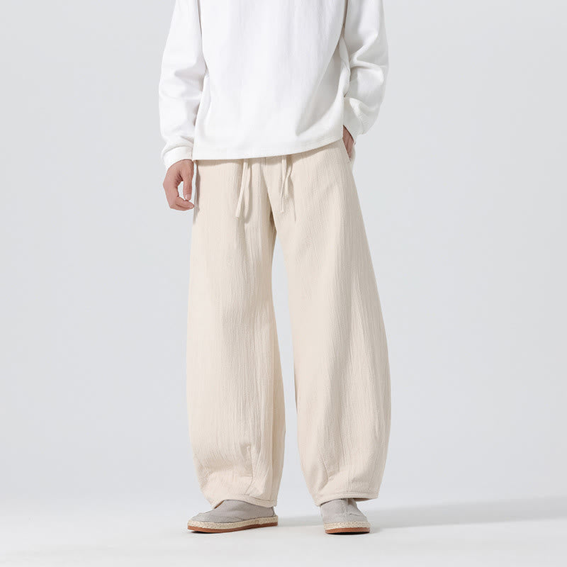 Daily Drawstring Chinese Zen Style Men's Wide Leg Pure Cotton Pants With Pockets