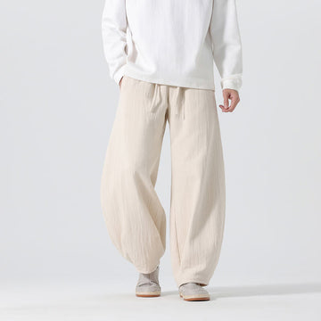 Daily Drawstring Chinese Zen Style Men's Wide Leg Pure Cotton Pants With Pockets