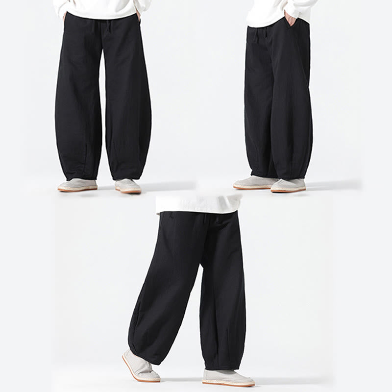 Daily Drawstring Chinese Zen Style Men's Wide Leg Pure Cotton Pants With Pockets
