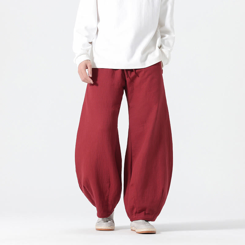 Daily Drawstring Chinese Zen Style Men's Wide Leg Pure Cotton Pants With Pockets